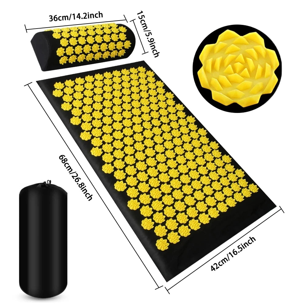 GlowVibe Relief acupressure mat pillow and bag set with dimensions